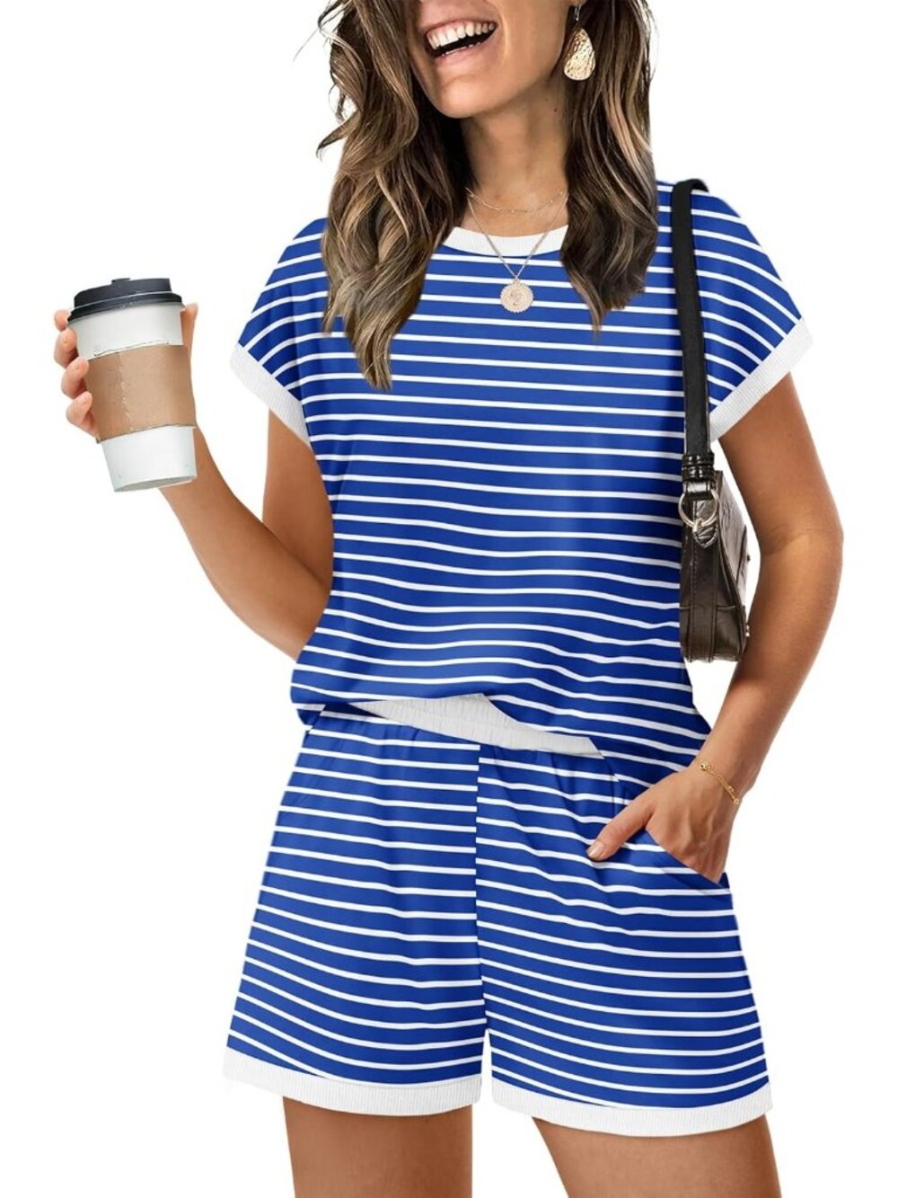 〽️Women's Outfit Blue Stripe Cap Sleeve Shirts and Shorts Summer Lounge Set